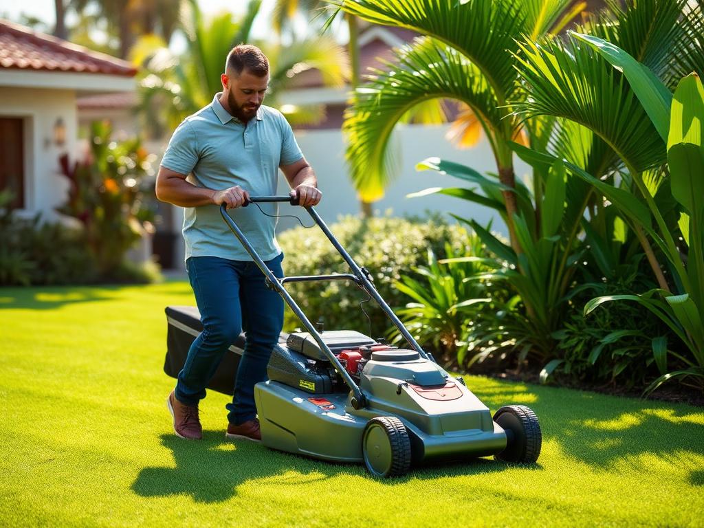 Corte de césped con cortadora en jardín residencial