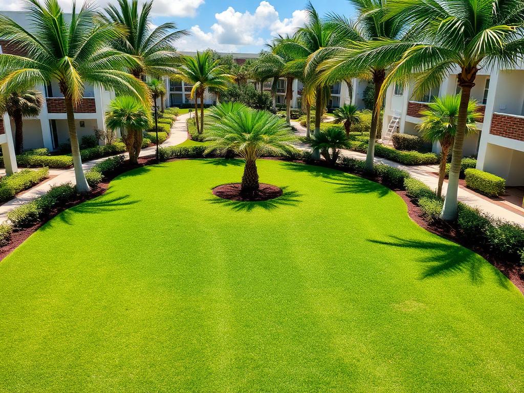 Zona verde amplia con césped y palmeras en mantenimiento