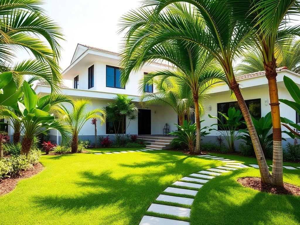 Jardín residencial diseñado y construido con césped, palmeras y camino en piedra