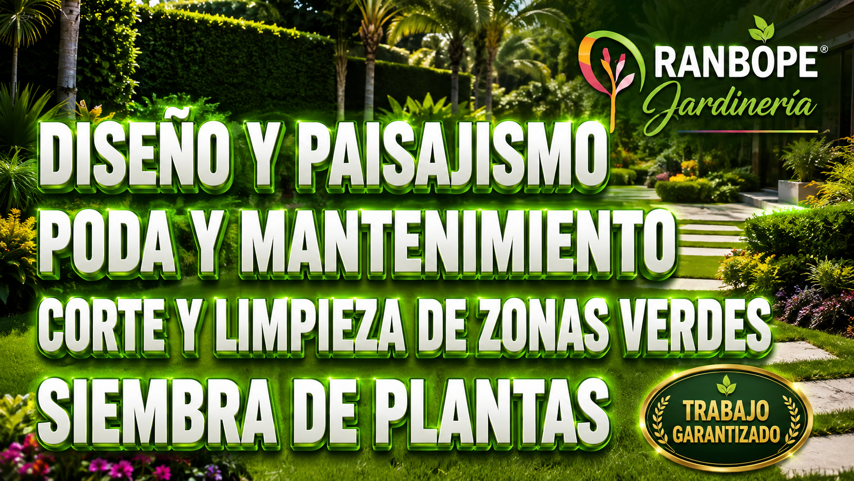 RANBOPE Jardinería — Diseño y paisajismo, poda y mantenimiento, corte y limpieza de zonas verdes, siembra de plantas. Trabajo garantizado.