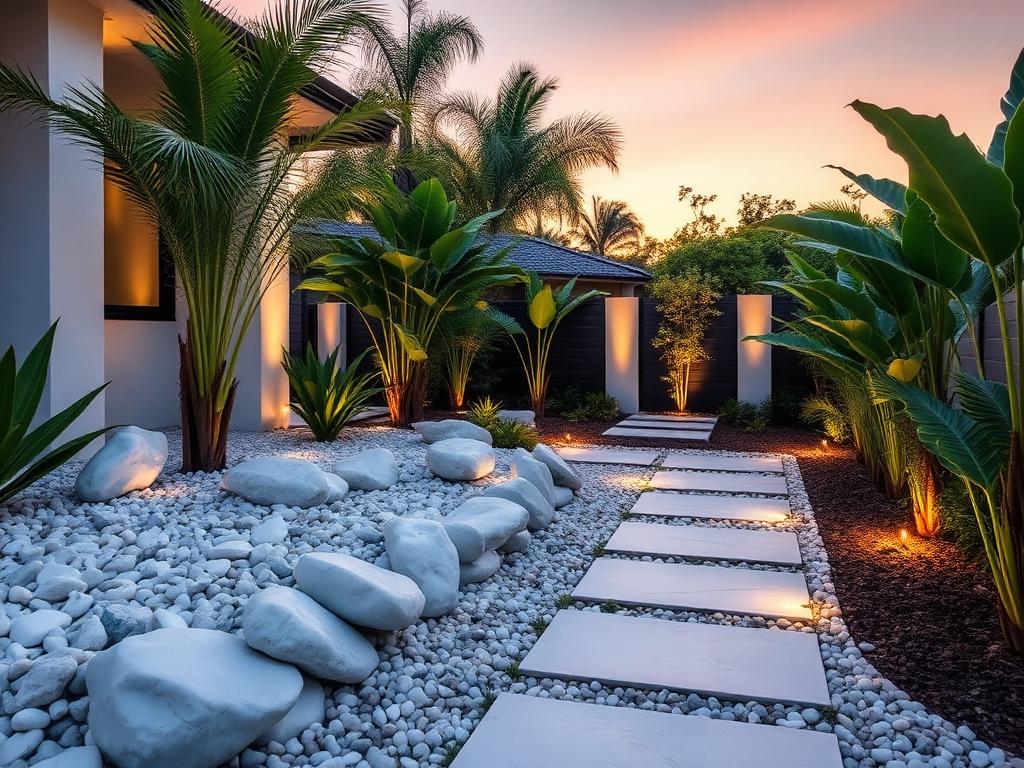 Paisajismo con piedras decorativas e iluminación de jardín
